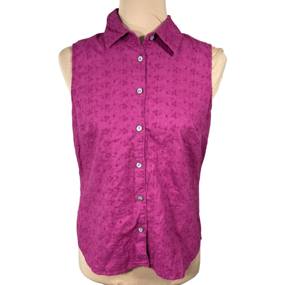 Charter Club Y2K Sleeveless Blouse Top Magenta Size 8 Eyelet Button Front